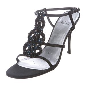 Stuart Weitzman Black Satin Caviar sandals.